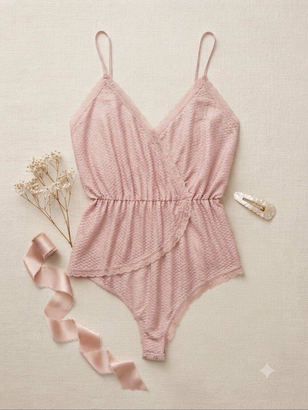 Light Pink Lace Trim Vneck Teddy Bodysuit